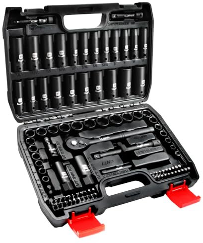LLNEDL 3/8 Drive Impact Socket Set, 95 Piece Deep and Shallow Socket Set, Metric 6 Point and Full Standard, 5/16-3/4, 8-22mm, with Spark Plugs, 72T Ratchet Handle