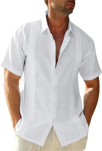 Friptspyg Hommes Chemise Lin Coton Manches Courtes Chemise de Plage Regular Fit Guayabera Camp Cubaine Chemises L'été, Blanc L