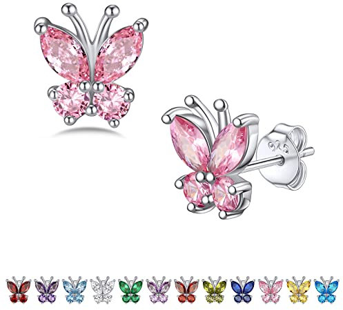 Bestyle Pink Cubic Zirconia Earrings for Women Butterfly Stud Earrings,Sterling Silver Birthstone Earrings Gift for Wife Daughter on Birthday Christmas Valentines Day