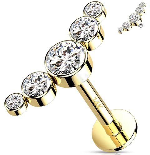 Melighting 14 K Gelbgold, Spirale, Ohrringe, gebogen, flach, Labret-Piercing, Schmuck, CZ, Tragus, Ohrstecker, Innengewinde, Knorpelohrringe, Gelbgold