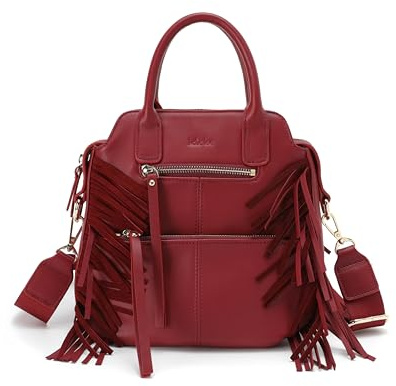 Kate Lee Damen Tasche aus Veloursleder, Fransen, Bordeauxrot Ledertasche, Bordeaux