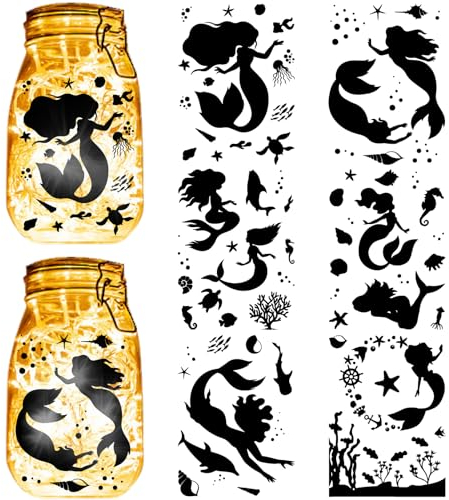 CREATCABIN 24 Sheets 6 Styles Mermaid Mason Jar Decals Ocean Summer Stickers Die Cuts Silhouettes Self-Adhesive PVC Waterproof for Craft Scrapbook Lantern Jars Wall Window Glass Phones Cup 7.8x5.9Inch