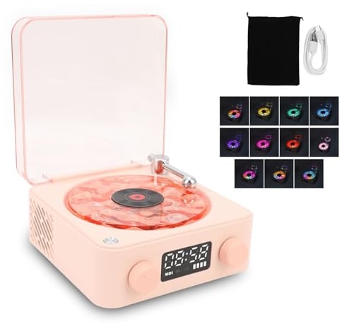 Altoparlante Bluetooth a Forma di Giradischi Vintage, Suono Stereo, Altoparlante Wireless Portatile a Quattro modalità con Orologio e Luce Ambientale per Camera da Letto, (Rosa)