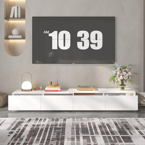 PREMTURE Meuble TV bas blanc pour téléviseur, meuble TV avec 4 tiroirs, table TV, banc TV avec côtés gauche et droit, salon 220 x 40 x 31 cm