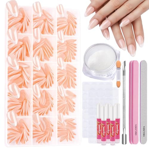 Teenitor Short French Tip Press on Nails - 15 Sizes, Short Almond Shape, Fake Gel Nails