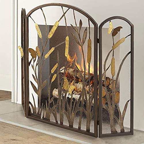 WEKONUMEX Iron Fire Panel, 90 cm großer, Faltbarer 3-Panel-Rahmen – Funkenschutz-Kaminzaun aus Schmiedeeisen im Vintage-Stil in Braun mit goldenem Blätter-Design