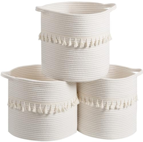 danpinera 3er-Set Weiße Aufbewahrungskörbe, 28x28 cm Weiche Geflochtene Körbe für Aufbewahrung und Dekoration im Schlafzimmer, Badezimmer, Schrank, Kleine Runde Baumwollkörbe für Regale, Dekorative Au