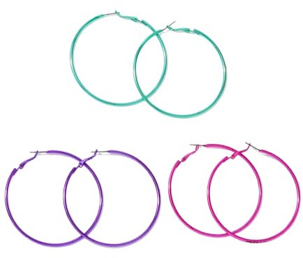 3 Paar Große Neon-Ohrringe Damen,90er Jahre Accessoires,Neon Pink,Runde Metall-Ohrringe,80er Jahre Retro Schmuck,Vintage Creolen Frauen für Party,Mottoparty,Alltägliche Kostümparty,Kostümzubehör