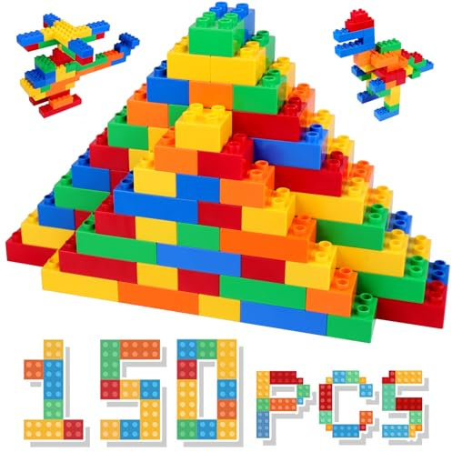 HIUME Bloques de Construcción Grandes para Niños - Set de 150 Piezas, Compatibles con Bloques Tipo Duplo, Juguete Educativo para 3 4 5 6 Años, Juego Creativo en 5 Colores.