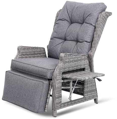 COMLAX FIELD Garden Rattan Recliner Chairs, Adjustable Sunlounger with Thick Cushions, Reclining Sun Lounger with Flip Table, Garden Conservatory Furniture, Dark Grey