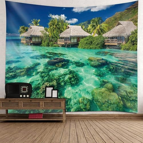 Aotiwe Wandbehänge Tücher, Tapestry Aesthetic Küstenlandschaft Mit Holzhaus Blau Grün Wandbehang Groß 350x256cm