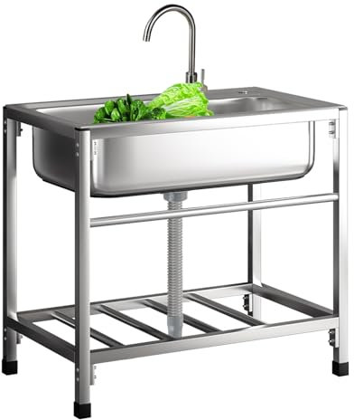 Freistehender Spültisch Edelstahl,Outdoor Campimgspüle mit Wasserhahn Gewerbliche Spülbecken für Außen Innen Wäsche Küche Restaurant Hinterhof Garage(75x45x75cm)