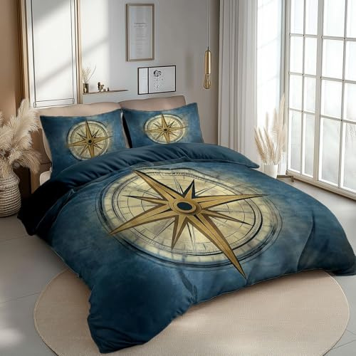 Housse de Couette 240 x 260 cm Bleu Parure de Lit Adulte Réversible avec Fermeture Éclair, Housse de Couette 2 Personnes Imprimée Vintage, boussole, rose des vents et 2 Taie d'oreiller 65x65 cm