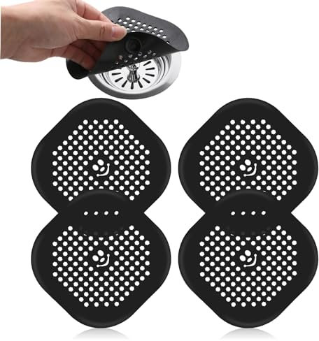 Lot de 4 tamis à cheveux pour douche - Noir - Ymapinc - Avec ventouse - Pour évier de cuisine - Accessoires pour salle de bain et cuisine (14 x 14 cm)