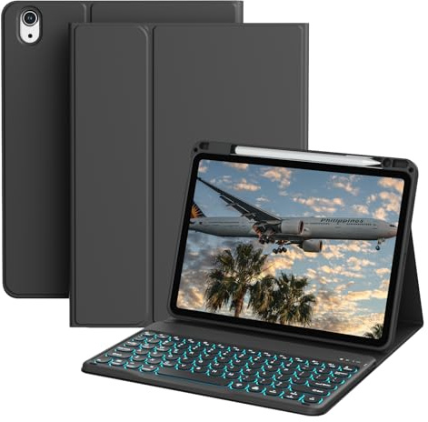 GKABXY For iPad Air 11-inch Case with Keyboard (M3/M2, 2025/2024), iPad Air 5th/4th Generation 10.9-inch, 7-Color Backlit Wireless Detachable Folio Cover with Thin & Light, Black