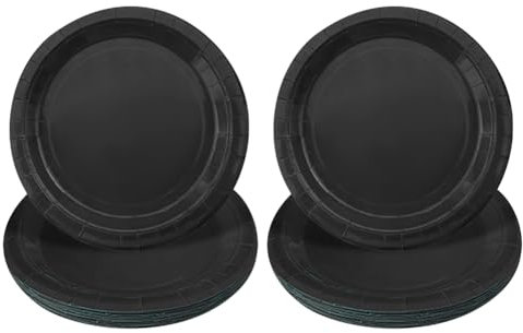 JIHUOO Lot de 48 assiettes à dessert rondes en papier de 17,8 cm de couleur unie pour gâteaux, collations, fêtes prénatales, fêtes d'anniversaire, barbecue, pique-nique, assiettes décoratives, noires