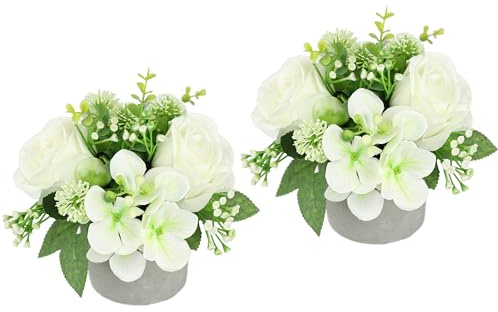 Gesteck Rosen Hortensie Hochzeit Kunstblume 15cm klein Tischblume wie echt Dekoblume Deko Hochzeitsdeko Blumenschmuck Kunstpflanze Künstlich Blume Tischdeko Mittelstück Zimmerpflanze 2erSet, weiß