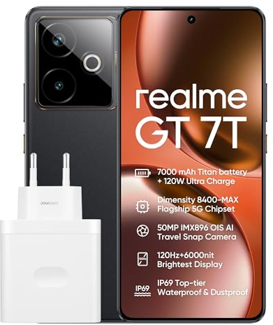 realme GT 7T 5G Smartphone, 12 GB+512 GB, Dimensity 8400-MAX 5G Chipset, 7000 mAh batteria, 120 W di carica, 50MP IMX896 OIS della macchina fotografica, 120 Hz 6000nit Display, IP69, Black rr
