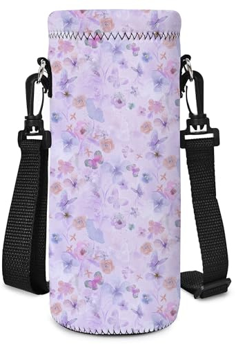 Mibbxea 500ML Wasserflasche Tragetasche,Umhängetasche für Flaschen,Neopren Flaschenkühler mit Tragegurt für Männer Frauen,Reisen,Radfahren,Wandern,Fitnessstudio,Laufen,Camping (Blumen,Schmetterlinge)