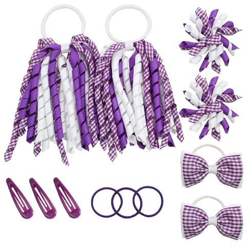 Umibow 12 Pcs Gingham School Hair Accessories Set Uniform Hair Bow Clips Back to School Checker Hair Ties Gingham Curly Hair Bows Ponytail Holders for Girls(Purple)