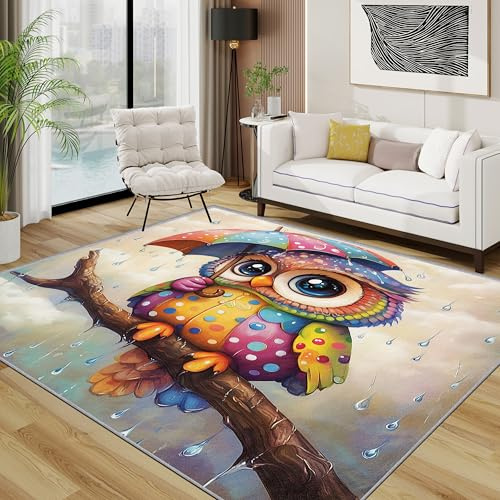 TerroVee Eule Teppich Waschbar, Bunt Regenschirmen Tiere Teppich 80x150 cm, Süß Cartoon Kinderzimmer rutschfest Waschbar Pflegeleicht Teppiche Für Schlafzimmer Küche, Gelb Rosa
