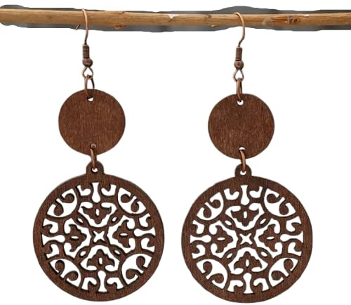 ◦•●◉ஐ ZWEI RUNDE HOLZSCHEIBEN - LEICHTE EXTRALANGE OHRRINGE AUS HOLZ MIT LASERCUT AN KUPFERFARBENEN OHRHAKEN IN BRAUN ஐ◉●•◦ lange Ohrringe aus Holz