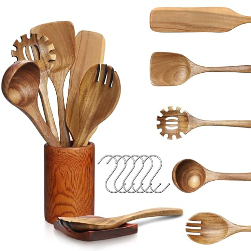 Utensilios de Cocina Madera de 7 Piezas, Set de Utensilios de Cocina de Madera de Teca con Pala pizza, tenedor ensalada, cuchara, espátula, cuchara pasta, soporte, recipiente y ganchos