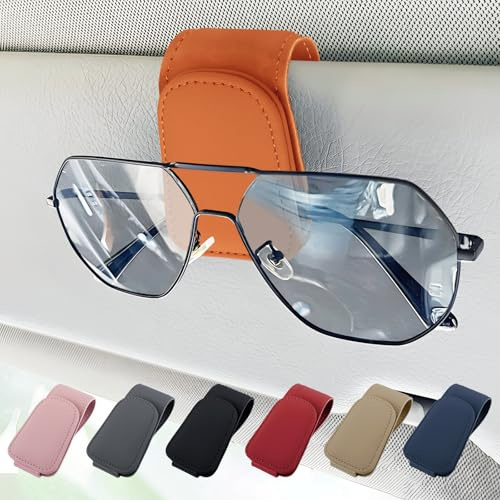 Sunglasses Holder for Car Sun Visor, Sunglass Holder for Car (Orange) | Magnetic Leather Eyeglass Holders, Eyeglasses Hanger Ticket Card Clip, Universal Sunglass Holders, Car Accessories for Women
