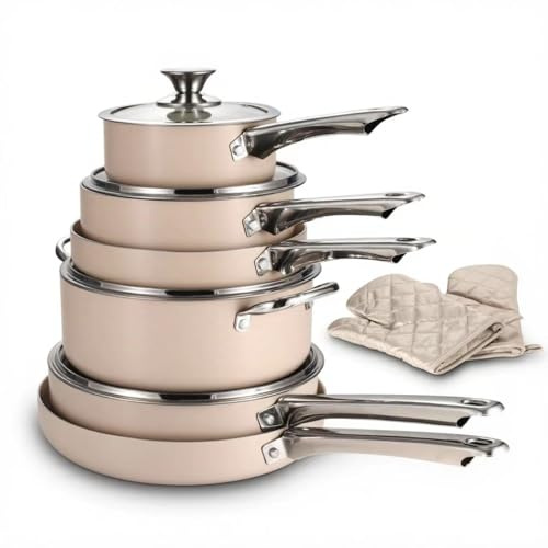 Nonstick Pots and Pans Set, Cookware Set Non-Stick Ceramic Coating Cooking Set, Pink Induction Pots Pans Set with Lids, Heavy Duty Stainless Steel Handles, Induction, Oven, Gas, Stovetops,