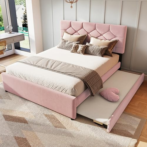 Wyibwy Letto imbottito 140x200cm con letto estraibile, Letto matrimoniale 140x200cm con letto estraibile e rete a doghe,tessuto in velluto, per adulti e ospiti, senza materasso,minimalista, rosa