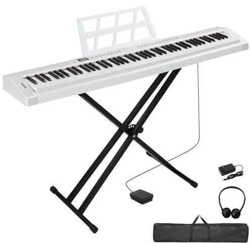 Bonnlo GPP-105 Clavier Numérique 88 Touches de Taille Standard Semi-Lestées, Piano Numérique avec Support en Forme de X à Double Tube, MIDI Bluetooth, Casque, pour Les Amateurs de Piano, Blanc