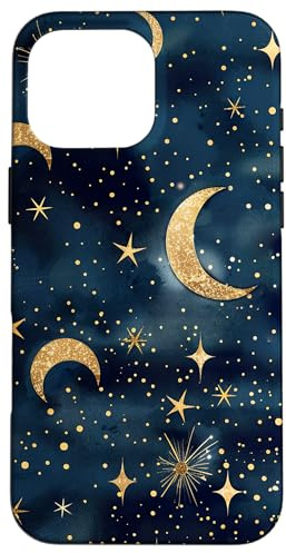 Aesthetic Celestial Magic Moons And Stars Blue Pattern Art Case for iPhone 16 Pro Max