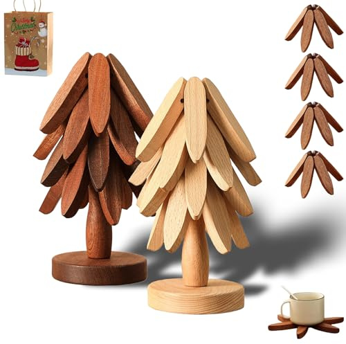 2 Stück Untersetzers Baum aus Holz für Heiße Gerichte, 3/4/5 Holzuntersetzer Baum + 1 Ständer wie EIN Weihnachtsbaum Aufbewahrt, Faltbare Topfuntersetzer Holz Set, Holzuntersetzer Dämmmatte (#B)