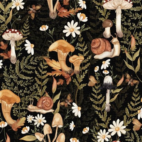 Selbstklebende Tapete Pilz, 44 x 300cm Selbstklebende Tapete Wald mit Weiss Blumen, Schwarz und Grün Blättern Pflanzen Schnecken Boho Möbelfolie Selbstklebend für Badezimmer Wohnzimmer Schlafzimmer