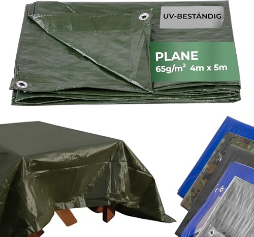 STREND PRO Abdeckplane 4x5 – Wasserdicht mit Ösen | Outdoor Gewebeplane Bauplane 65g/m² | Regenplane grün 4x5m | UV-beständig | Holzplane für Gartenmöbel, Zelt, Camping | Abdeckung Plane