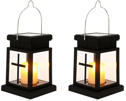 Grablaterne Friedhof Wetterfest Außen, Solar Laterne für Draußen Garten Grab, Grablampe Fuer Urnengrab, Schwarz Grablaternen mit LED Kerzen, Windlicht Klein Kerzenlaterne Geschenk für Trauer (C*2)