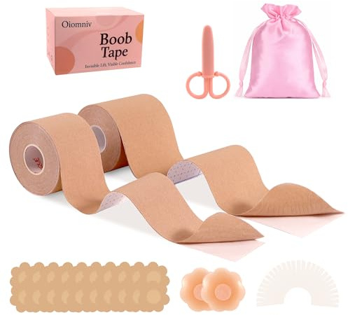 Oiomniv Boob Tape, Brust Tape Klebe Push Up Zwei Größen Boobietape Klebe BH mit Silikon Nippelpads, Boobytape Brust Unsichtbares Brustband Tape, Beige