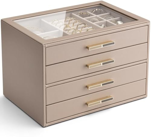 VLANDO Jewellery Box, 4-Tier Jewellery Organiser with Glass Lid | Spacious sections, clear at-a-glance display, room for watches and sunglasses, Christmas gift, dressing tables, Toffee