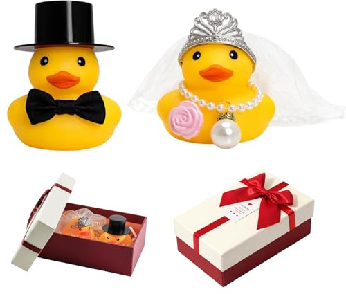 2 Stück Hochzeitssuppe Quietscheente mit Geschenkbox | Hochzeitsgeschenke für Brautpaar,Gummiente Braut und Bräutigam mit Rosenhalskette Schleife, Wedding Gift Hochzeitsdekoration