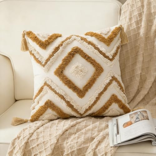 MEILIHEN 1 Dekorativer Boho-Kissenbezug aus Baumwolle, Marokkanischer Ethno-Stil Dekokissen mit Quasten & Tufting, Beige Gesteppter Kissenhülle für Sofa, Wohnzimmer & Schlafzimmer 45 x 45 cm（Gelb）