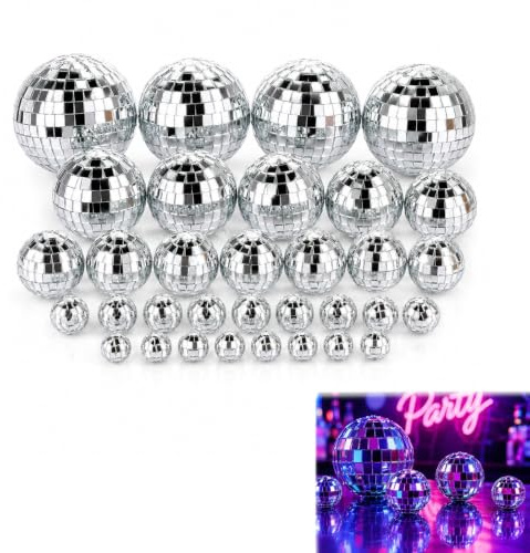 32 Stück Disco Spiegel Ball Set, Discokugel Deko in 4 Größen (2/3/4/5 cm), Glänzende Mini Spiegelkugeln aus Silber, für Kuchendekoration, Cake Toppers, Party, Bar, Hochzeit, Geburtstag
