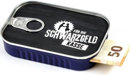 Geldgeschenke Verpackung Sardinendose SCHWARZGELDSKASSE Geld Geschenkverpackung für Reise, Umzug, Geburtstag, als Geldgutschein | inkl Aufkleber für individuelle Botschaft | made by Scherzboutique