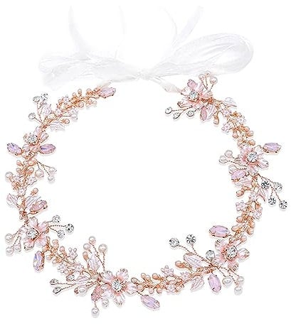 Ammei Rose Gold Wedding Headband Tiara Flower Leaves Design Hair Vine With Pearls And Rhinestones (A)