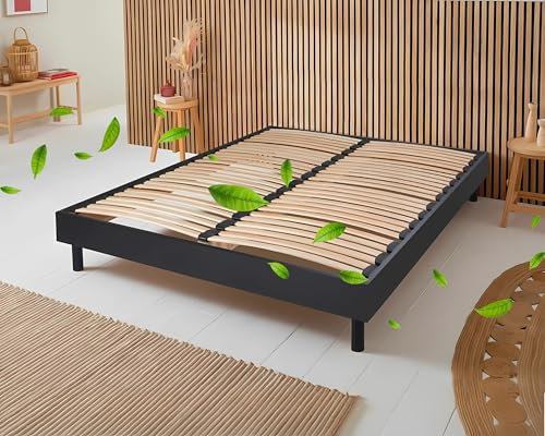 Maison Aubertin Sommier Selena 180x200 cm Noir, à Latte, 2 Personnes, Technologie Bi-Lattes avec 4 Zones de Confort, Structure Bois Massif Solide avec Pieds Inclus, Lit Ergonomique, Montage Facile