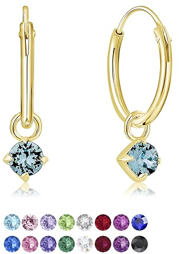 DTPsilver® KLEINE Creolen Ohrringe 925 Sterling Silber Gelb Vergoldet mit 3 mm Baumelnde Swarovski® Elements Kristall - Mädchen - Dicke 1.5 mm - Durchmesser 14 mm - Farbe : Aquamarin