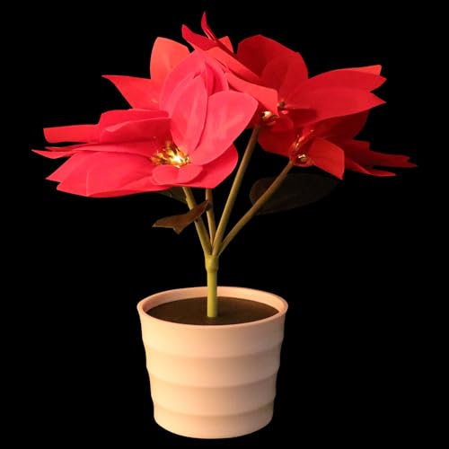 minkissy Artificial Red Flowers Plant Pot - Christmas Red Potted - Light Up Artificial Floral Lamp Artificial Christmas Flowers Pot for Table Window Fireplace