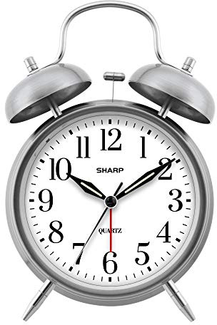 Sharp Réveil à Double Cloche – Alarme Forte – Idéal pour Les Personnes Qui dorment Lourd – Horloge analogique à Quartz à Piles (Argent brossé)