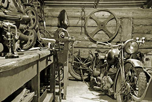 VINTAGE MOTORRAD Fototapete VLIES-500x280 cm (1169A)-Oldtimer Retro Auto Garage Schwarz Weiß Wandtapete-Inkl. Kleister-Vliestapete Bild Dekoration Wand-Dekor Moderne Motiv-Tapete Panorama Poster XXL