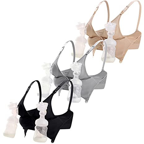 iLoveSIA 3PACK Nursing Bra Build in Pumping Bra 2 in 1 Breast-Pumps Bra Black+Gray+Beige 2XL