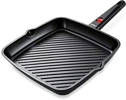 Removable Neverstick Square Frying Pan, Grill Pan 28cm Induction, Steak Pan with Silicone Handle, cast Aluminum 100% PFOA Free Coating Griddle Pan for Gas, Induction & Electronic Stove, Black